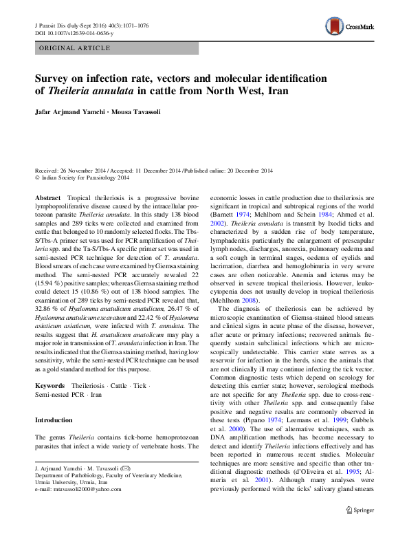 (PDF) Survey on infection rate, vectors and molecular identification of ...