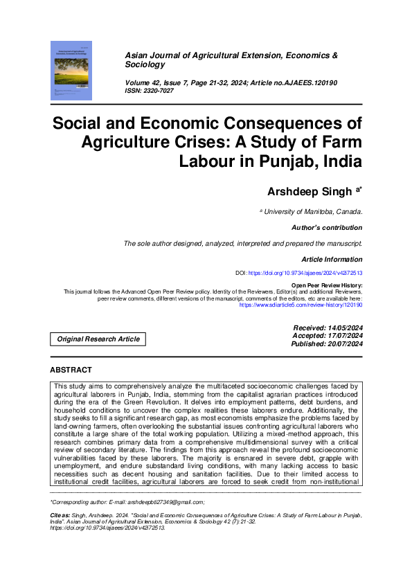 (PDF) Social and Economic Consequences of Agriculture Crises: A Study ...