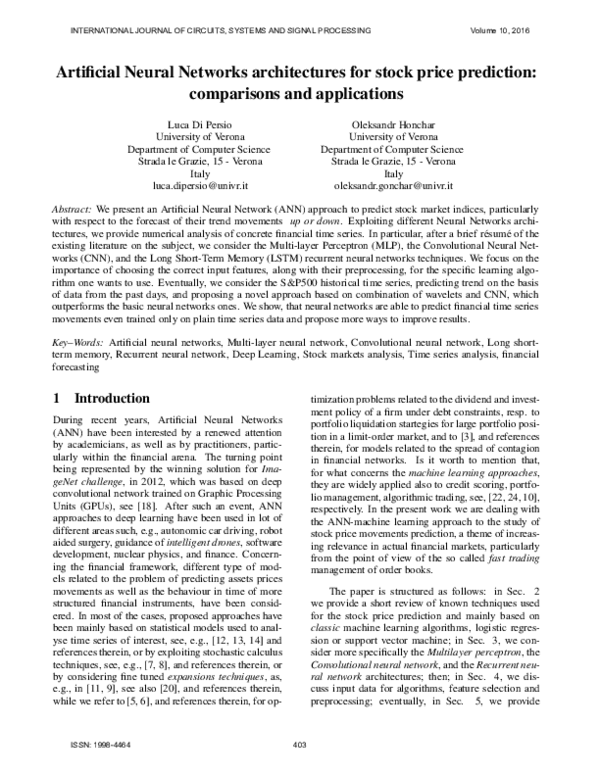 (PDF) Artificial Neural Networks architectures for stock price ...