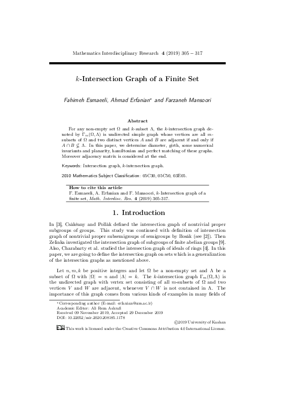 (PDF) k-Intersection Graph of a Finite Set