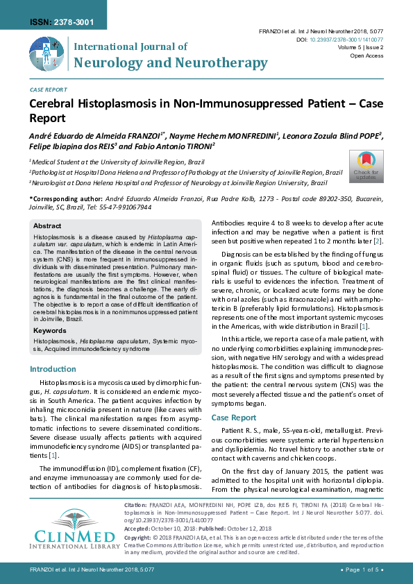 (PDF) Case Report. Primary cutaneous histoplasmosis in an ...