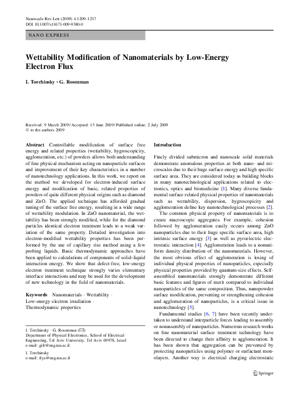 (PDF) Wettability Modification of Nanomaterials by Low-Energy Electron Flux