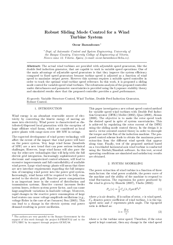 (PDF) Robust Sliding Mode Control for a Wind Turbine System