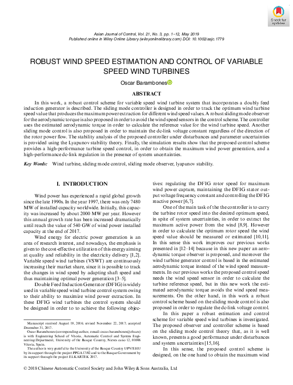 (PDF) Robust Wind Speed Estimation and Control of Variable Speed Wind ...