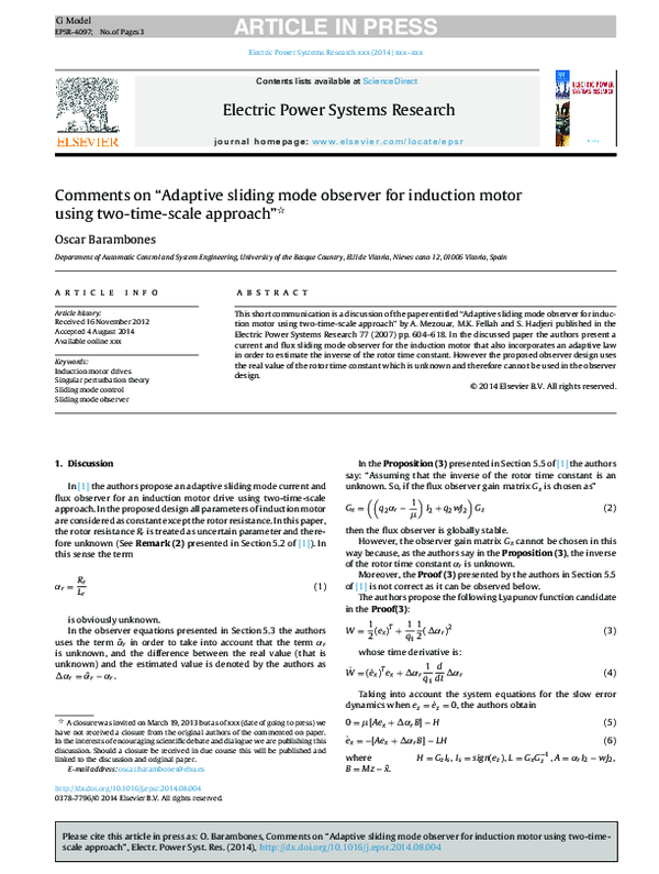 (PDF) Comments on “Adaptive sliding mode observer for induction motor ...