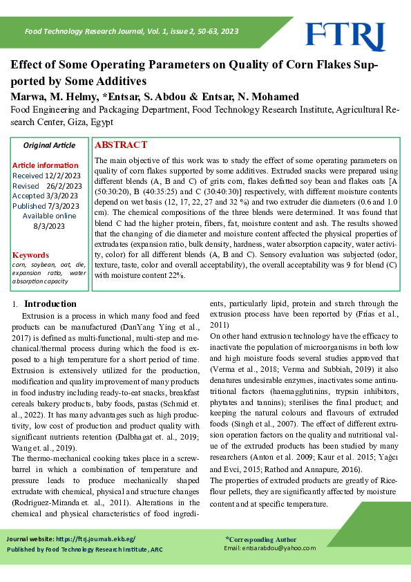 (PDF) Effect of Some Operating Parameters on Quality of Corn Flakes ...