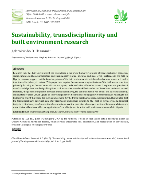 Pdf Sustainability Transdisciplinarity And Built Environment Research Pdf Sustainability Transdisciplinarity And Built Environment Research
