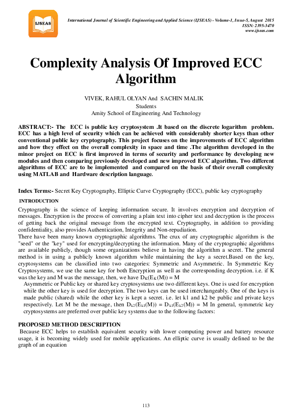 (PDF) Complexity Analysis Of Improved ECC Algorithm