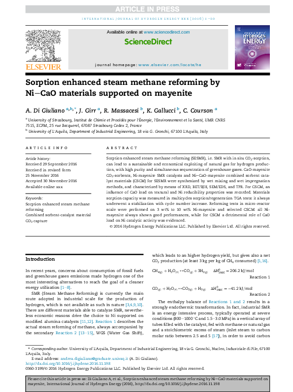 (PDF) Sorption enhanced steam methane reforming by Ni–CaO materials ...