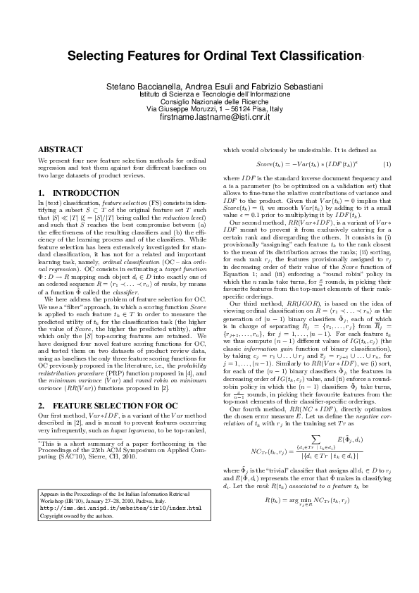 (PDF) Selecting Features for Ordinal Text Classification