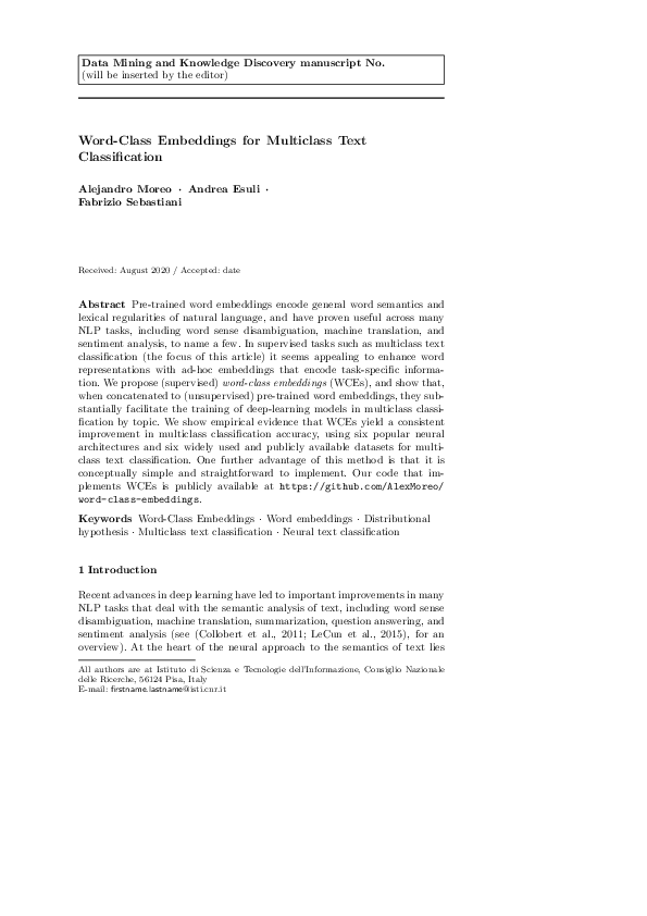 (PDF) Word-Class Embeddings for Multiclass Text Classification