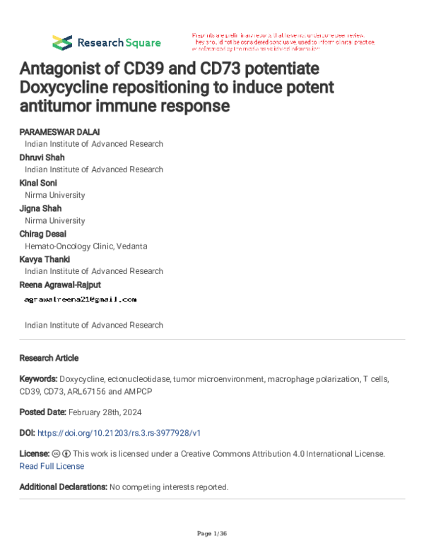 (PDF) Antagonist of CD39 and CD73 potentiate Doxycycline repositioning ...