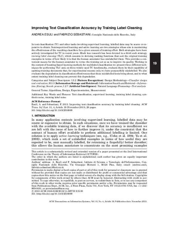 (PDF) Improving Text Classification Accuracy by Training Label Cleaning
