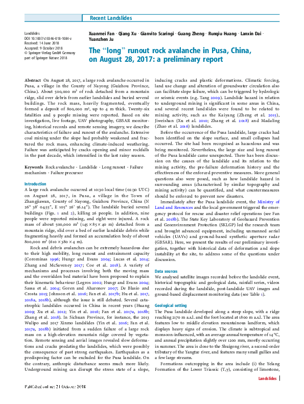 (PDF) The “long” runout rock avalanche in Pusa, China, on August 28 ...