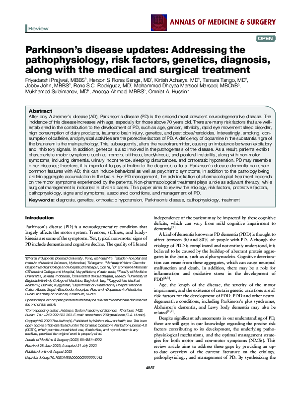 (PDF) Parkinson’s disease updates: Addressing the pathophysiology, risk ...