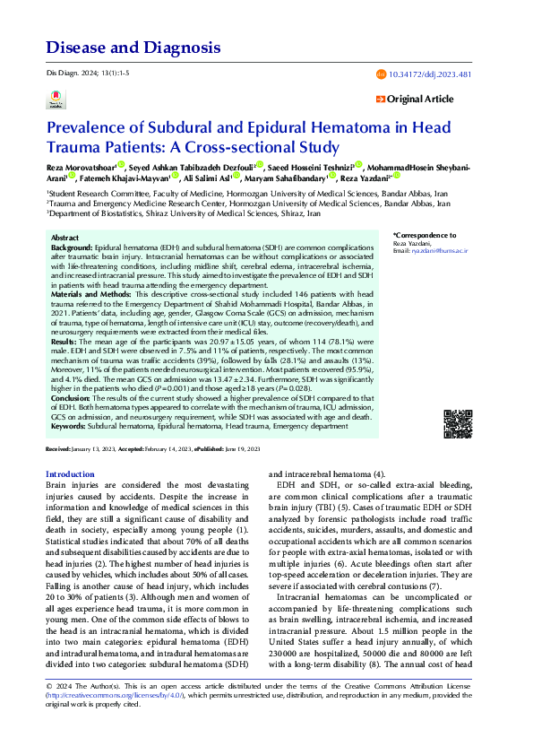 (PDF) Prevalence of Subdural and Epidural Hematoma in Head Trauma ...