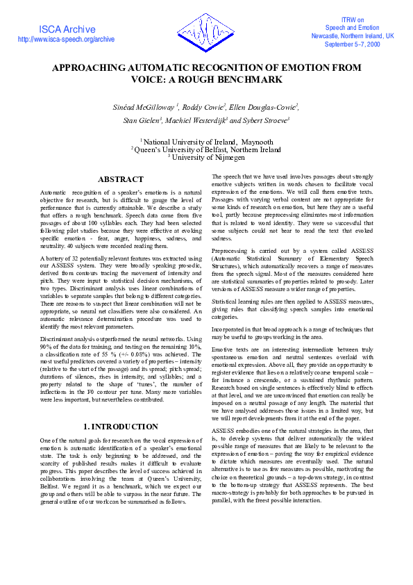 (PDF) Automatic recognition of emotion from voice: a rough benchmark