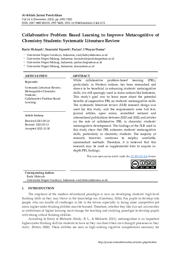 (PDF) Collaborative Problem Based Learning to Improve Metacognitive of ...