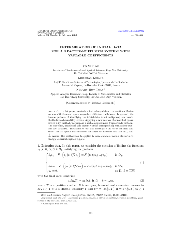 (PDF) Determination of initial data for a reaction-diffusion system ...