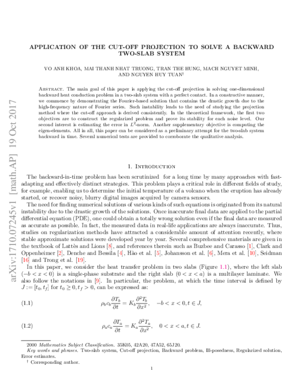 (PDF) Application of the cut-off projection to solve a backward two ...