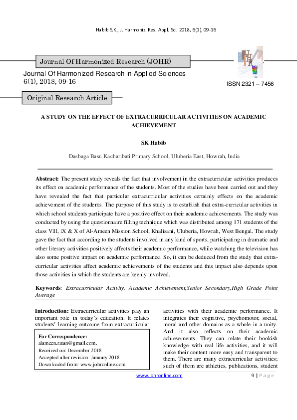 (PDF) A Study on the Effect of Extracurricular Activities on Academic ...