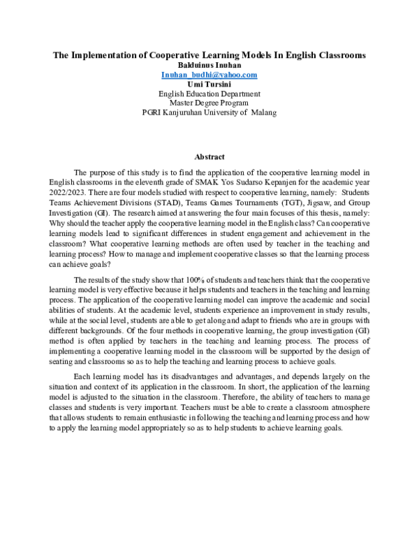 (PDF) The Implementation of Cooperative Learning Models In English ...