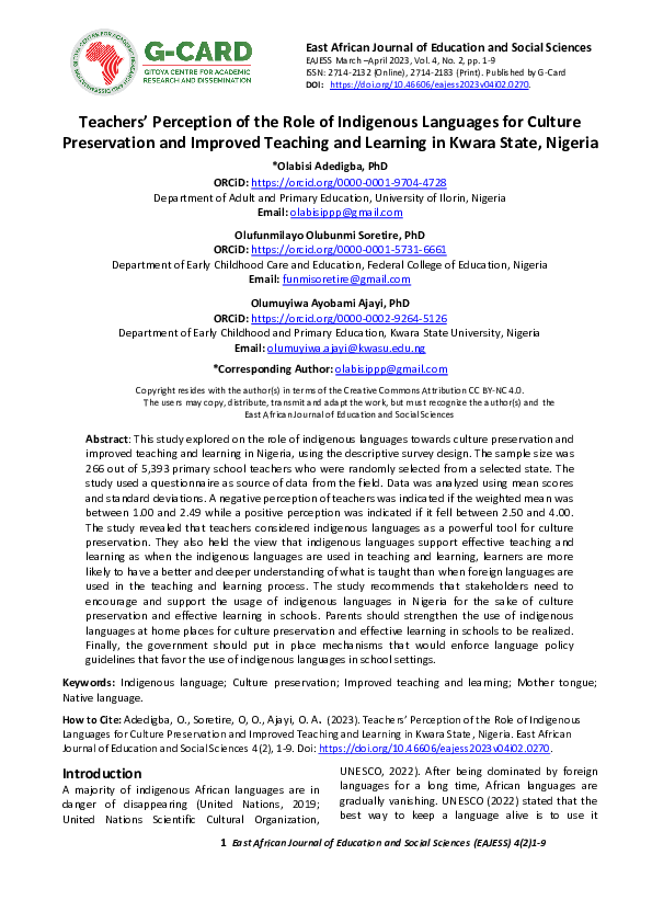 (PDF) Teachers’ Perception of the Role of Indigenous Languages for ...