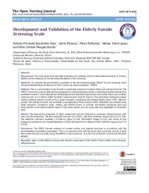 (PDF) Development and Validation of the Elderly Suicide Screening Scale