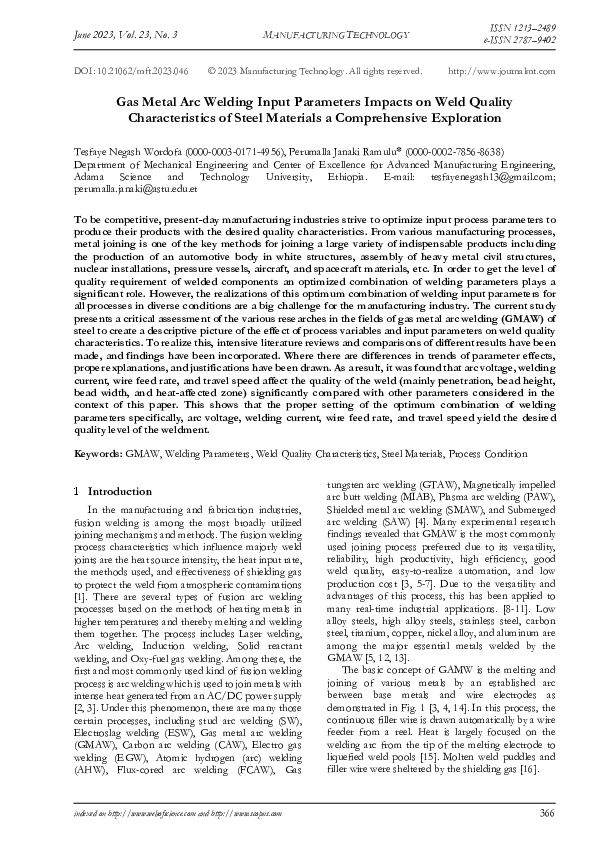 (PDF) Gas Metal Arc Welding Input Parameters Impacts on Weld Quality ...