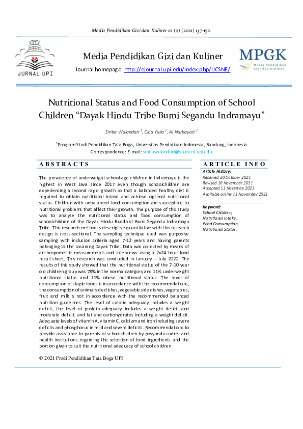 (PDF) Nutritional Status and Food Consumption of School Children “Dayak ...