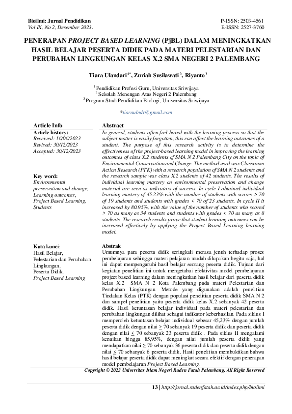 (PDF) PENERAPAN PROJECT BASED LEARNING (PjBL) DALAM MENINGKATKAN HASIL ...
