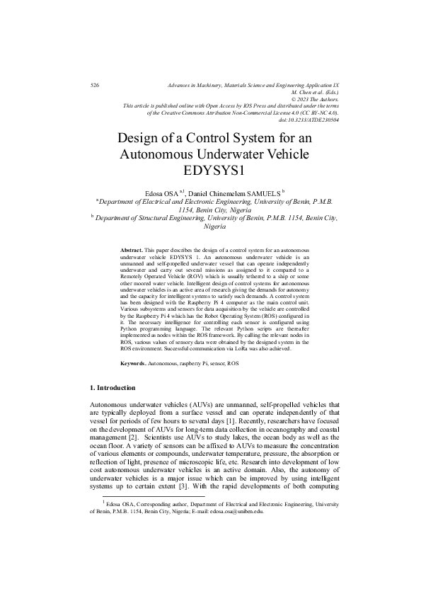 (PDF) Design of a Control System for an Autonomous Underwater Vehicle ...
