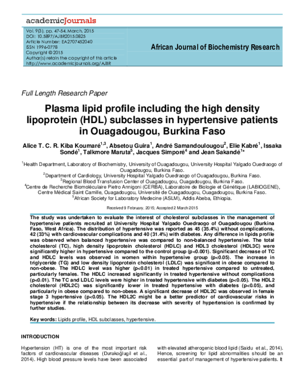(PDF) Plasma lipid profile including the high density lipoprotein (HDL ...