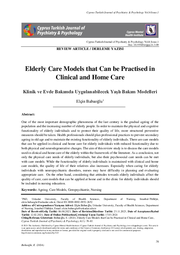 (PDF) Elderly Care Models that Can be Practised in Clinical and Home Care
