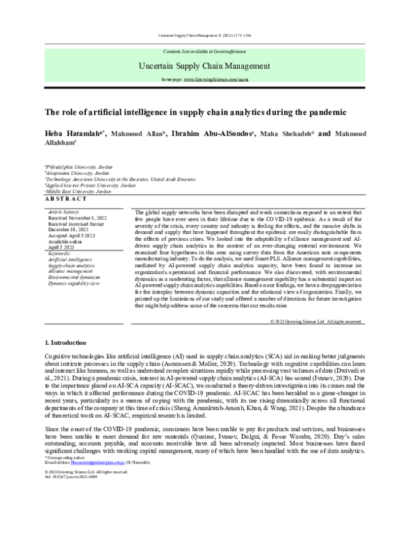 (PDF) The role of artificial intelligence in supply chain analytics ...