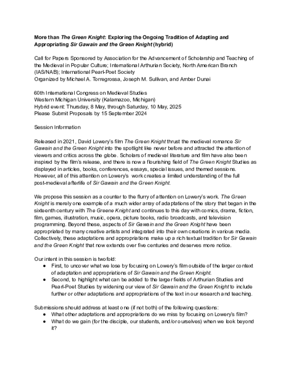 (PDF) 2024: CFP More than The Green Knight: Exploring the Ongoing ...