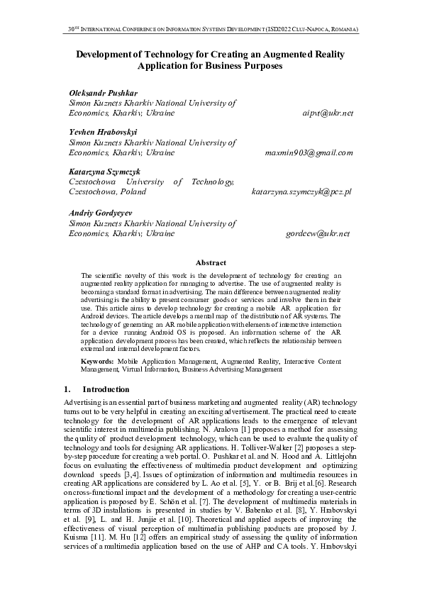 (PDF) Development of technology for creating an augmented reality ...