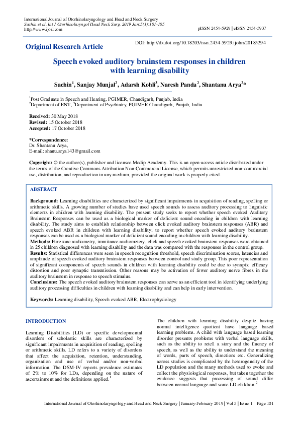 (PDF) Speech evoked auditory brainstem responses in children with ...