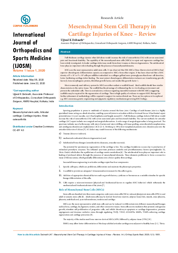 (PDF) Mesenchymal Stem Cell Therapy in Cartilage Injuries of Knee – Review