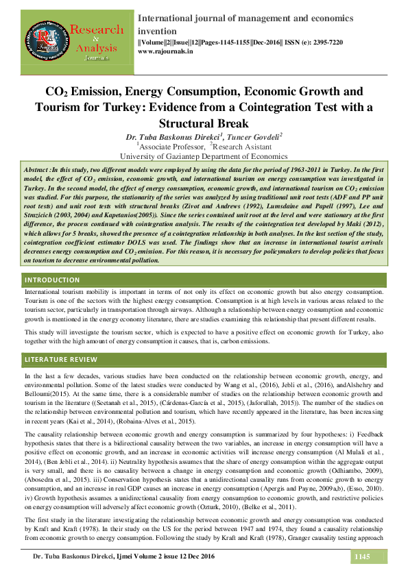 (PDF) CO2 Emission, Energy Consumption, Economic Growth and Tourism for ...