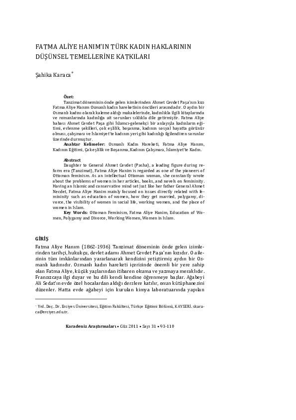 (PDF) Fatma Aliye Hanım’ın Türk Kadın Haklarının Düşünsel Temellerine ...