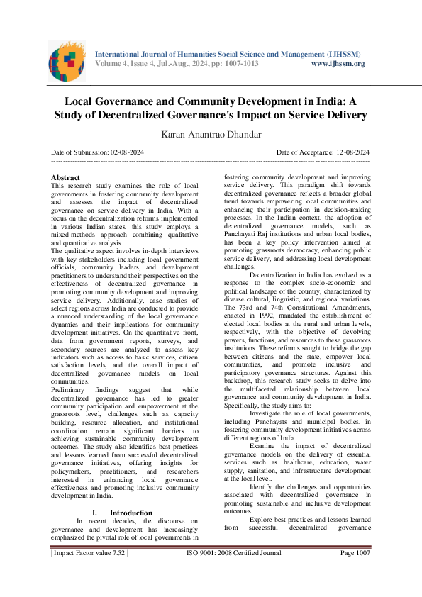 (PDF) Local Governance and Community Development in India: A Study of ...