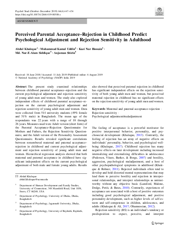 (PDF) Perceived Parental Acceptance–Rejection in Childhood Predict ...
