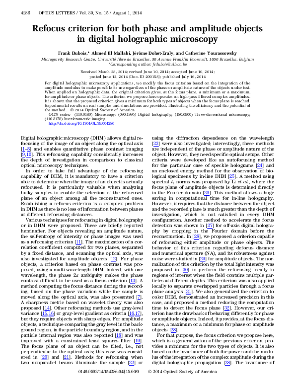 (PDF) Refocus criterion for both phase and amplitude objects in digital ...