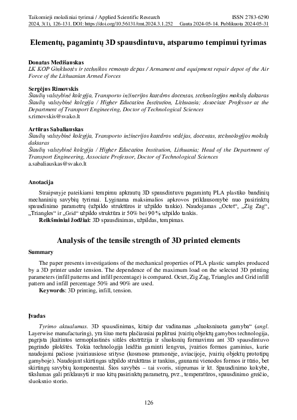 (PDF) Analysis of the tensile strength of 3D printed elements
