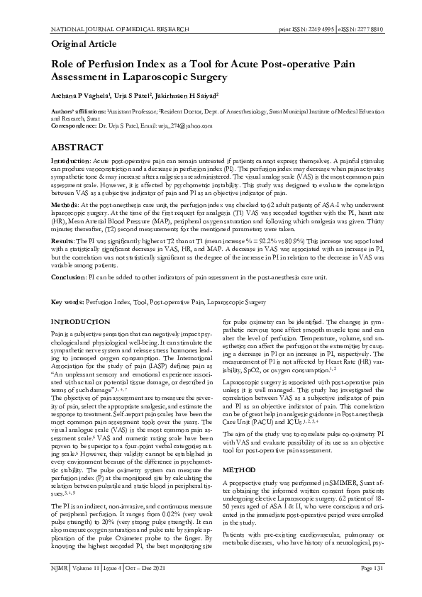 (PDF) ROLE OF PERFUSION INDEX AS A TOOL FOR ACUTE POST-OPERATIVE PAIN ...