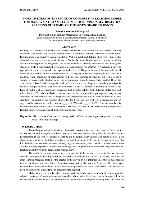 (PDF) Effectiveness of the Usage of Cooperative Learning Model for Make ...
