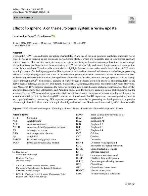 (PDF) Effect of bisphenol A on the neurological system: a review update