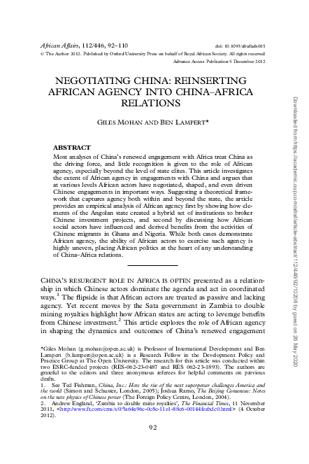 (PDF) Negotiating China: Reinserting African agency into China-Africa ...