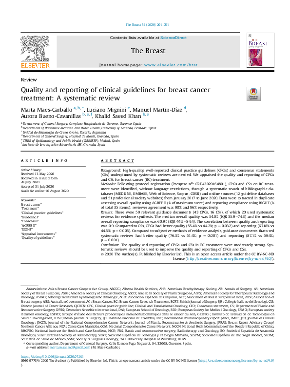 (PDF) Quality and reporting of clinical guidelines for breast cancer ...